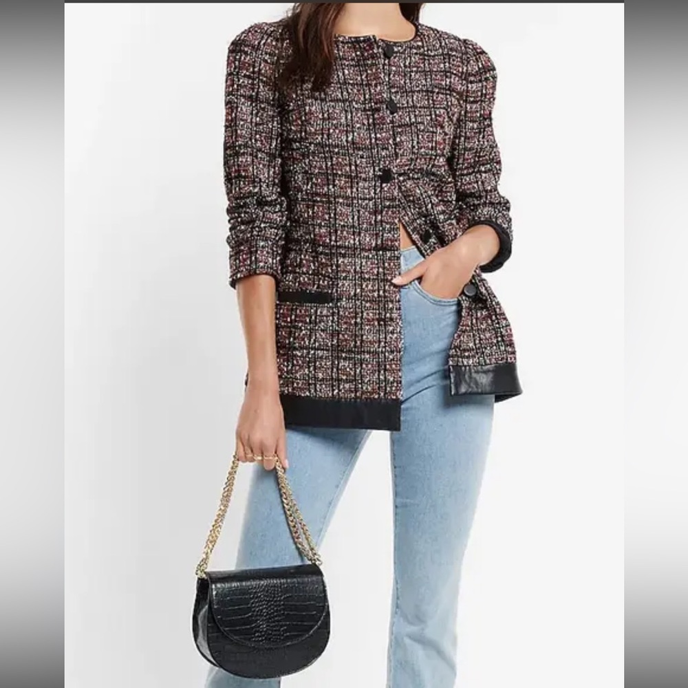 EXPRESS Women’s Metallic Plaid  Tweed  Jacket Blazer  Size M‎ Faux Leather Trim